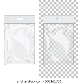 Set of Blank 3d glossy Hang pouches with Slot. Transparent wraps transparent and white color. Cellophane bag for products of foodstuff