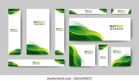 Set of blank abstract design banner template with green wave shapes. Vector abstract design banner web template.