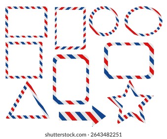 Set of blank airmail envelopes blue and red stripes frame.American postcard.Independence Day (USA).International vintage letter.Labels, banner, elements, shape or stickers.Vector illustration.