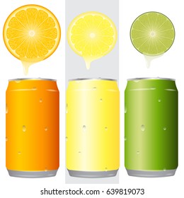a set of blank aluminum cans 330 ml three colors in the water droplets. Orange, lemon, lime round slices dripping with juice. mockup