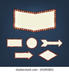 Set of blank american advertising road signs with light bulbs of different shapes on dark background. EPS10 vector.