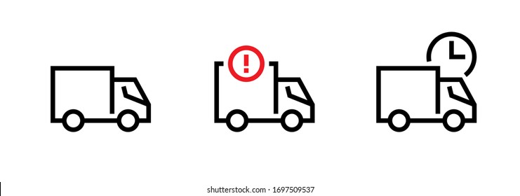 Set Of Blank, Attention And Waiting Cargo Delivery Truck Icons. Editable Line Vector. Empty Stylized Element Of A Lorry, With A Red Exclamation Mark And A Clock Element. Group Pictogram.