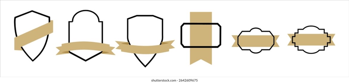 Set of blank award badges with geometric frames and golden ribbons. Vector outline emblems for certificates, labels, branding, and quality product design in minimal flat style.