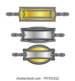 set of blank badge label sticker banner tag vector with golden and silver and abstract black outline style  and chain isolated background