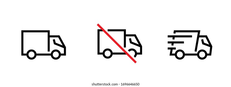 Set of blank, ban and fast cargo delivery truck icons. Editable line vector. The car for transporting cargo is simple, crossed out by a red line and a wave of speed. Group pictogram.