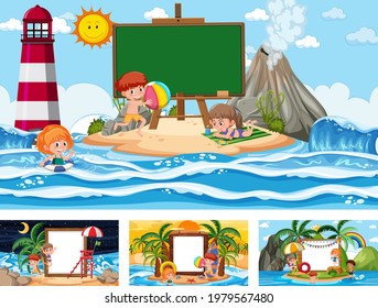 Juego de banner en blanco en diferentes escenas de la playa tropical