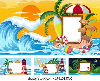 Juego de banner en blanco en diferentes escenas de la playa tropical