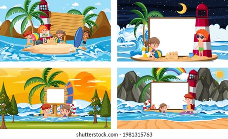 Set of blank banner in different tropical beach scenes illustration