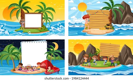 Set of blank banner in different tropical beach scenes illustration