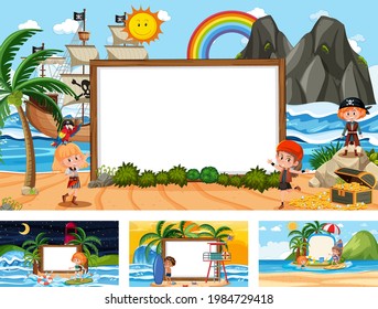 Juego de banner en blanco en diferentes escenas de la playa tropical