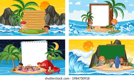 Set of blank banner in different tropical beach scenes illustration
