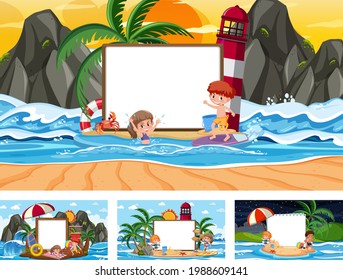 Set of blank banner in different tropical beach scenes illustration