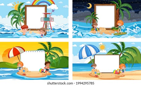 Set of blank banner in different tropical beach scenes illustration