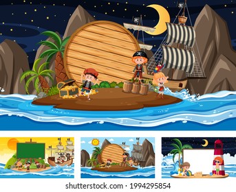 Juego de banner en blanco en diferentes escenas de la playa tropical