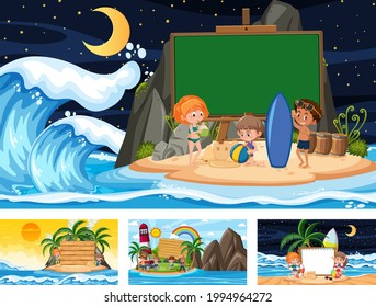 Set of blank banner in different tropical beach scenes illustration