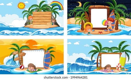 Set of blank banner in different tropical beach scenes illustration