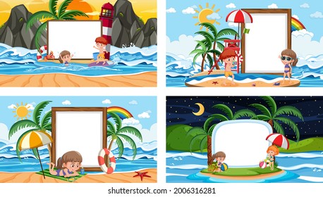 Set of blank banner in different tropical beach scenes illustration