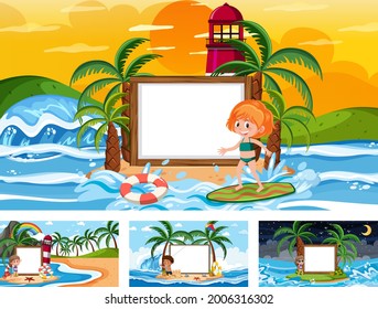Set of blank banner in different tropical beach scenes illustration