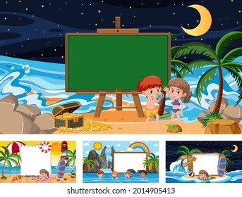 Set of blank banner in different tropical beach scenes illustration