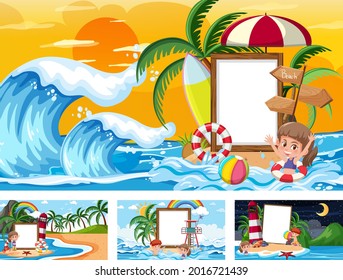 Set of blank banner in different tropical beach scenes illustration