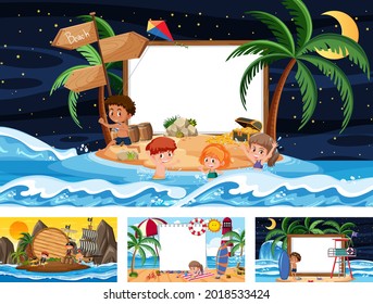 Set of blank banner in different tropical beach scenes illustration