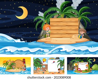 Juego de banner en blanco en diferentes escenas de la playa tropical