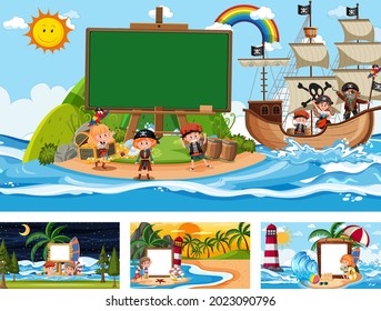 Banner-Set in verschiedenen tropischen Strandbildern