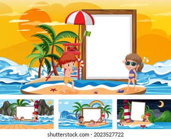 Set of blank banner in different tropical beach scenes illustration