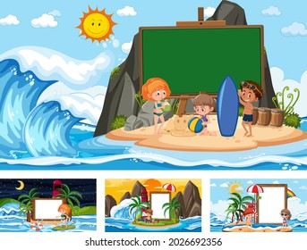 Juego de banner en blanco en diferentes escenas de la playa tropical