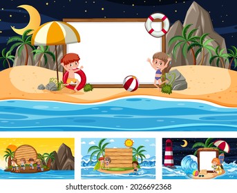 Set of blank banner in different tropical beach scenes illustration