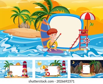 Juego de banner en blanco en diferentes escenas de la playa tropical