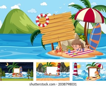 Set of blank banner in different tropical beach scenes illustration