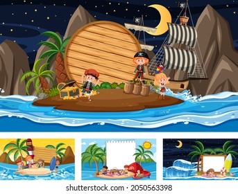Set of blank banner in different tropical beach scenes illustration