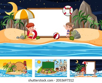 Set of blank banner in different tropical beach scenes illustration