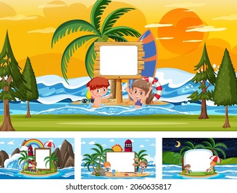 Set of blank banner in different tropical beach scenes illustration