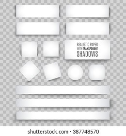 Set Of Blank Banner Sheet Of Paper With Shadow. Vector Illustration For Tag Design. Book Page Isolated On Background. Blank List Template. Border And Frame Mock Up Paper With Transparent Shadows