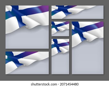 Set of blank banners with waving flag of Finland. National Independence day template fot greeting card, flyer, poster, brochure design realistic vector illustration