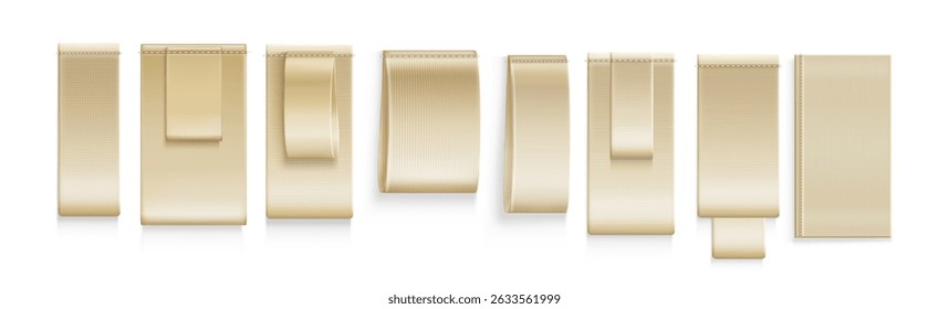 Set of blank beige clothing labels and tags mockup templates isolated on white background. Vertical folded and flat empty fabric ribbons and textile badges. 3d vector for garment logo branding.