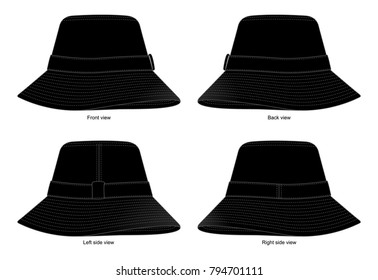 Set Blank Black Bucket Hat Vector For Template.