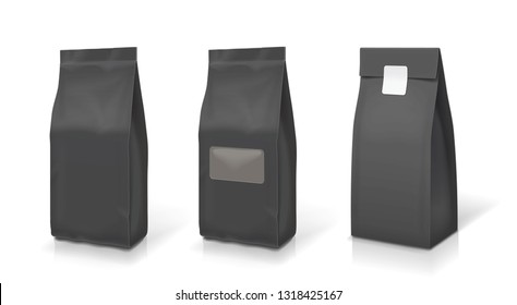 Set of blank black foil food set. Paper sachet bag packaging for coffee or tea collection