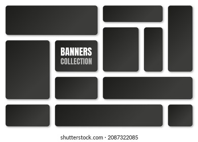 Set of blank black paper banners with shadows isolated on white background. Adhesive stickers, labels with rounded corners. Vector illustration.