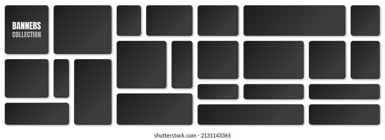 Set of blank black paper banners with shadows isolated on white background. Adhesive stickers, labels with rounded corners. Vector illustration.