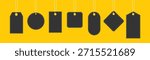 Set blank black paper price tags or gift tags. Paper labels with cord. Set template shopping labels with shadow on yellow background