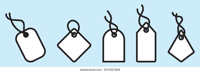 Set blank black paper price tags or gift tags. Special offer or shopping discount label. Promotional sale badge. Paper labels with cord.
