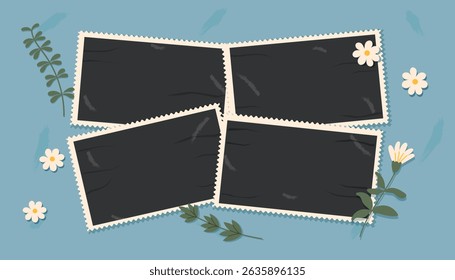 A set of blank black photos cliparts. Photos template. Mockup of blank photos. Top view. Vector flat illustration.