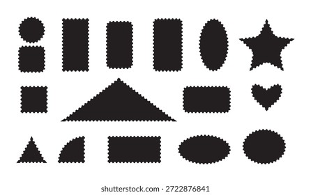 Um conjunto de selos postais em branco pretos. Formas geométricas com bordas perfuradas sobre um fundo branco. Uma coleção de selos postais de várias formas. Vetor.