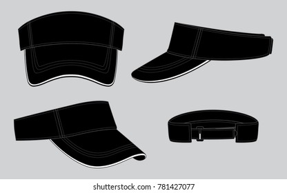 Set Blank Black Sun Visor Cap With White Sandwich And Adjustable Hook And Loop Strap Vector.