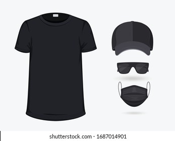 Conjunto de Pantalones blanco negro, tapón de béisbol, máscara quirúrgica y gafas de sol aisladas en fondo blanco. Traducción para promoción de marca y publicidad en su empresa. Ropa negra. Vista frontal. Ilustración vectorial