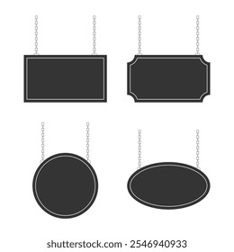 Set of blank black with white border hanging sign on chain. Flat design illustration.