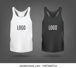 Set of blank black and white tank top or sleeveless shirt with T-back templates, realistic vector illustration isolated on background. Sport cloth mockup for brand logo.